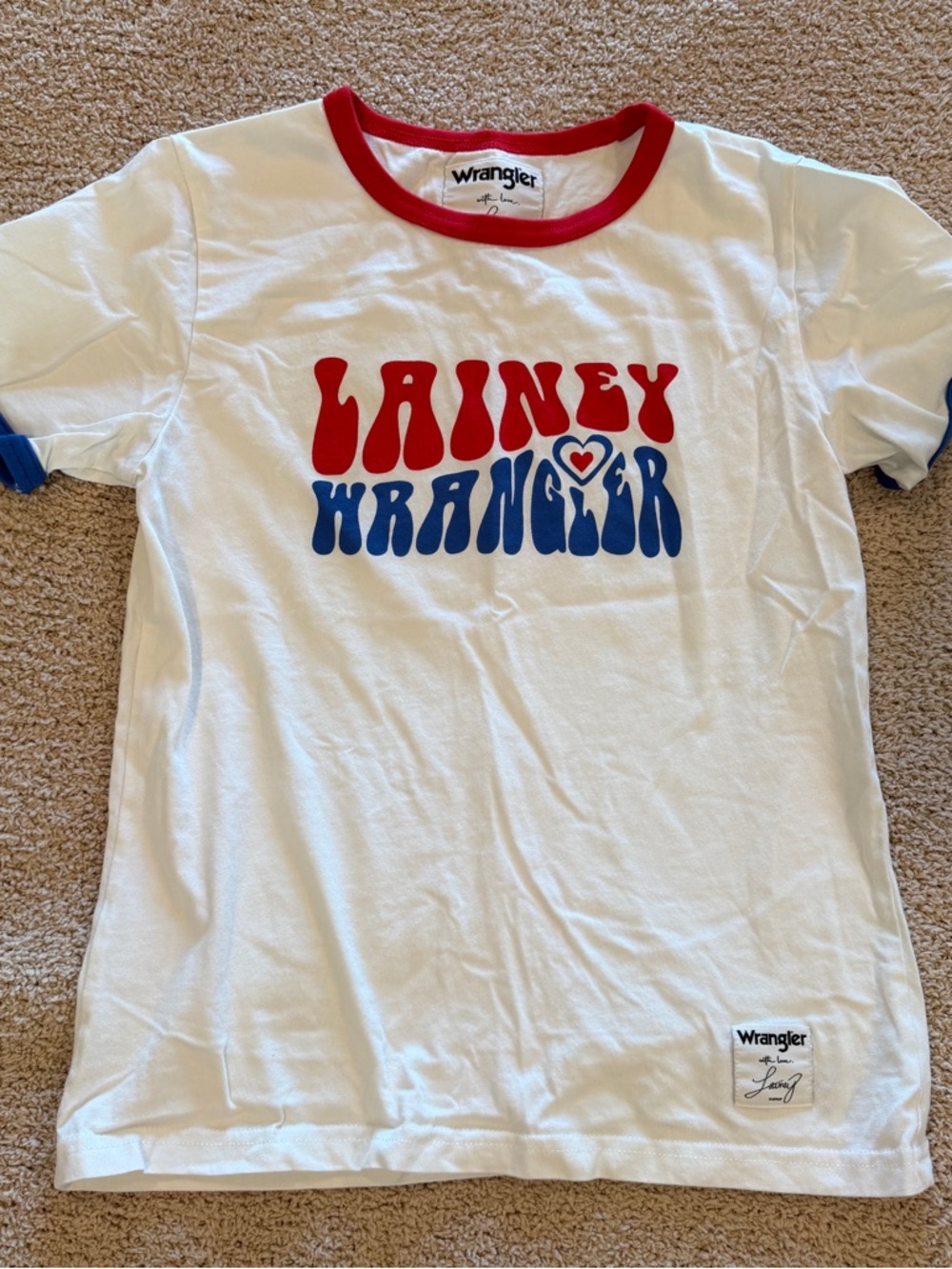 Wrangler White Tee with Red & Blue Retro Graphic